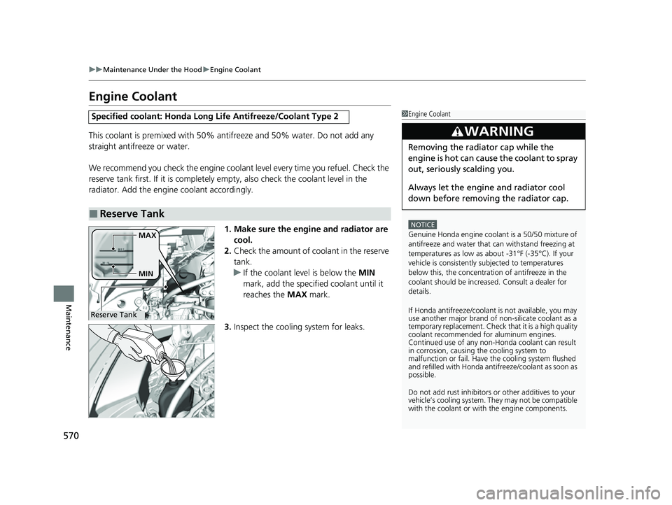 HONDA HRV 2023  Owners Manual 570
uuMaintenance Under the Hood uEngine Coolant
Maintenance
Engine Coolant
This coolant is premixed with 50% antifreeze and 50% water. Do not add any 
straight antifreeze or water.
We recommend you c