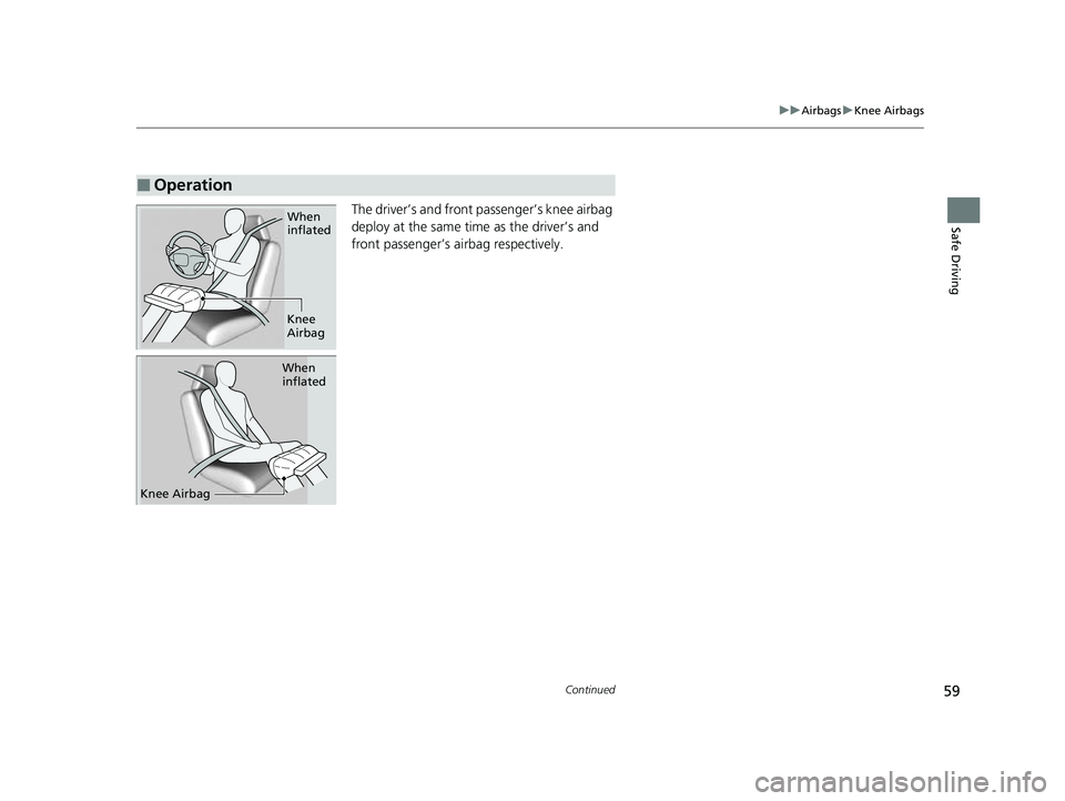 HONDA HRV 2023  Owners Manual 59
uuAirbags uKnee Airbags
Continued
Safe DrivingThe driver’s and front passenger’s knee airbag 
deploy at the same time as the driver’s and 
front passenger’s airbag respectively.
■Operatio