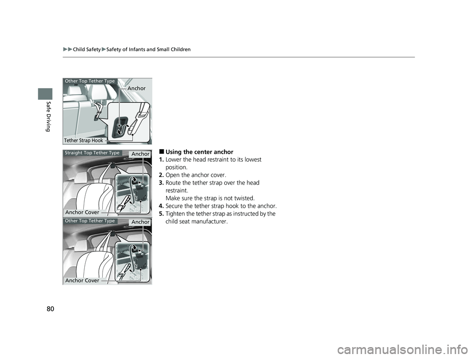 HONDA HRV 2023 Manual Online 80
uuChild Safety uSafety of Infants and Small Children
Safe Driving
■Using the center anchor
1. Lower the head restra int to its lowest
position.
2. Open the anchor cover.
3. Route the tether stra HONDA HRV 2023 Manual Online 80
uuChild Safety uSafety of Infants and Small Children
Safe Driving
■Using the center anchor
1. Lower the head restra int to its lowest
position.
2. Open the anchor cover.
3. Route the tether stra
