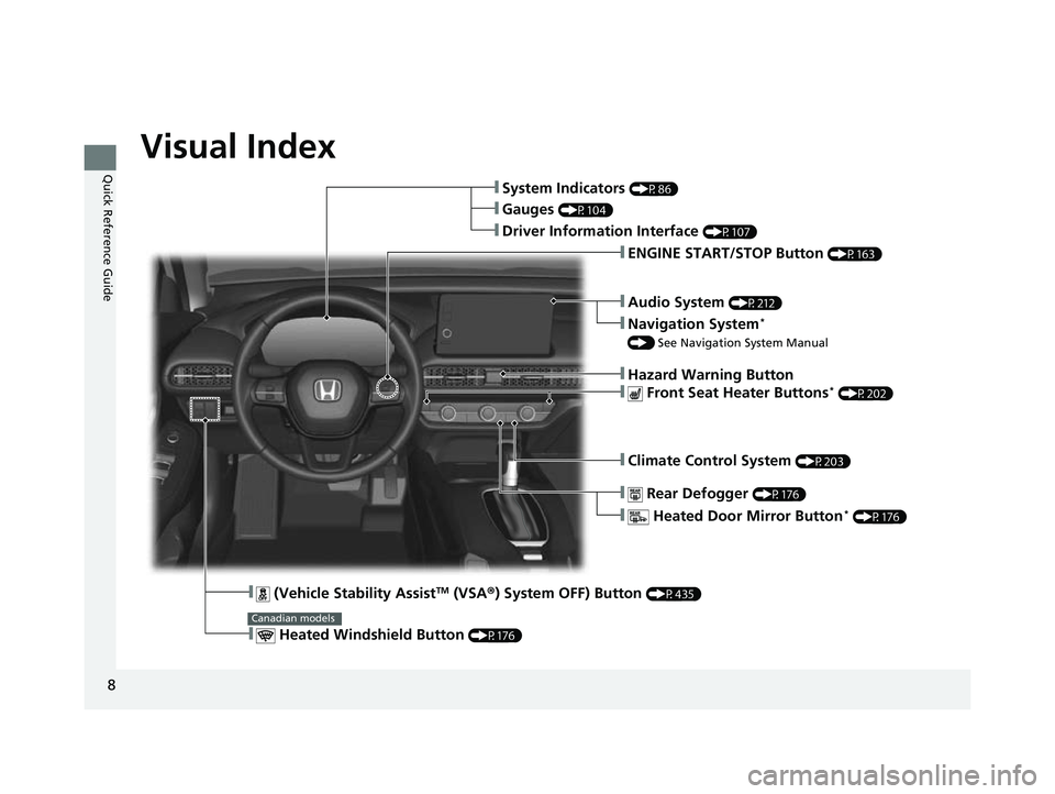 HONDA HRV 2023  Owners Manual 8
Quick Reference GuideQui
c
k Reference 
Visual Index
❚Climate Control System (P203)
❚ Rear Defogger (P176) 
❚ Heated Door Mirror Button* (P176) 
❚Audio System (P212)
❚Navigation System*
()