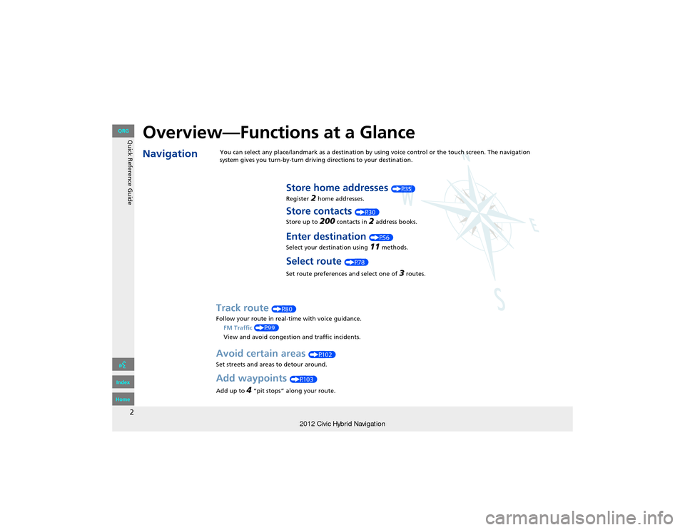 HONDA CIVIC HYBRID 2012 9.G Navigation Manual Quick Reference Guide
2
Overview—Functions at a Glance
NavigationYou can select any place/landmark as a destination by using voice control or the touch screen. The navigation 
system gives you turn-