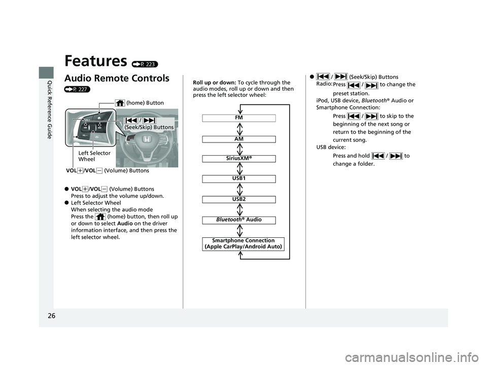 HONDA INSIGHT 2022  Owners Manual 26
Quick Reference Guide
Features (P 223)
Audio Remote Controls 
(P 227)
●VOL(+/VOL(- (Volume) Buttons
Press to adjust the volume up/down.
●Left Selector Wheel
When selecting the audio mode
Press 