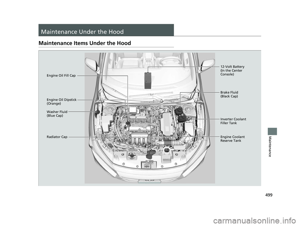 HONDA INSIGHT 2022  Owners Manual 499
Maintenance
Maintenance Under the Hood
Maintenance Items Under the Hood
Brake Fluid 
(Black Cap)
Engine Coolant 
Reserve Tank
Radiator Cap Washer Fluid 
(Blue Cap) Engine Oil Dipstick 
(Orange) En