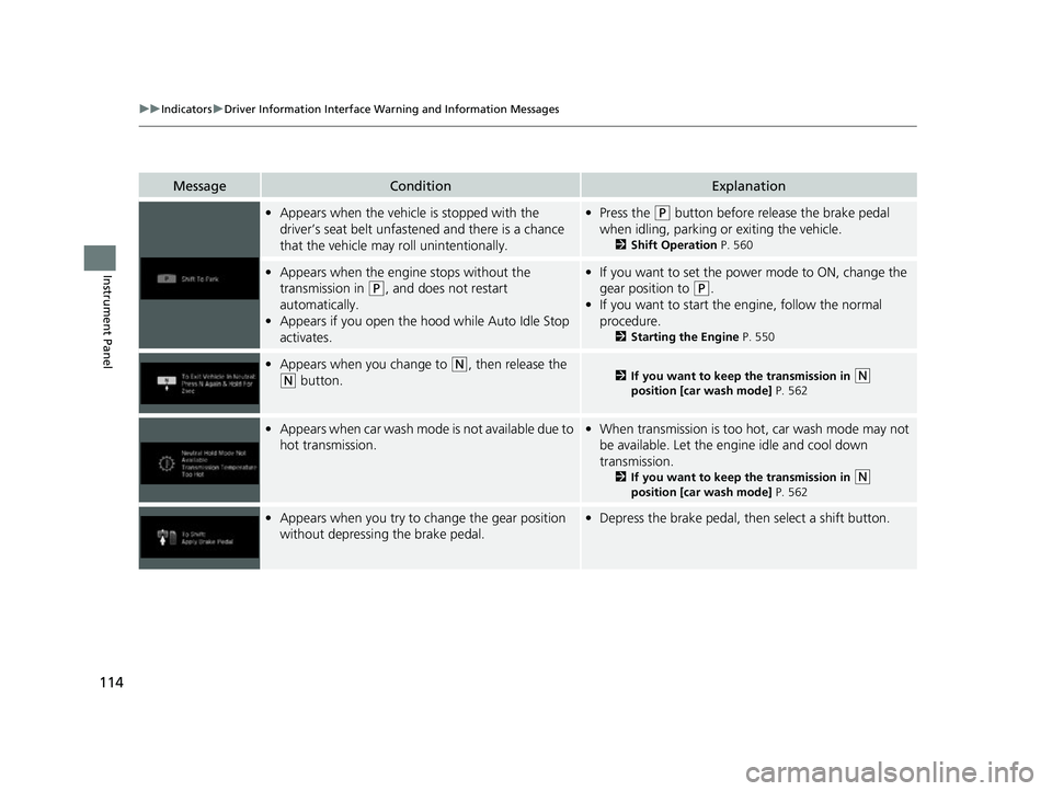 HONDA ODYSSEY 2022  Owners Manual 114
uuIndicators uDriver Information Interface Wa rning and Information Messages
Instrument Panel
MessageConditionExplanation
•Appears when the vehicle is stopped with the 
driver’s seat belt unfa