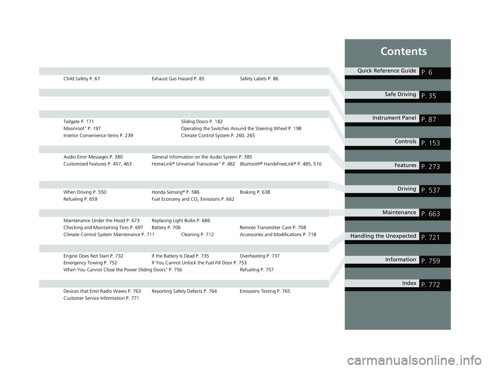 HONDA ODYSSEY 2022  Owners Manual Contents
Child Safety P. 67Exhaust Gas Hazard P. 85Safety Labels P. 86
Tailgate P. 171 Sliding Doors P. 182
Moonroof* P. 197 Operating the Switches Around the Steering Wheel P. 198
Interior Convenienc