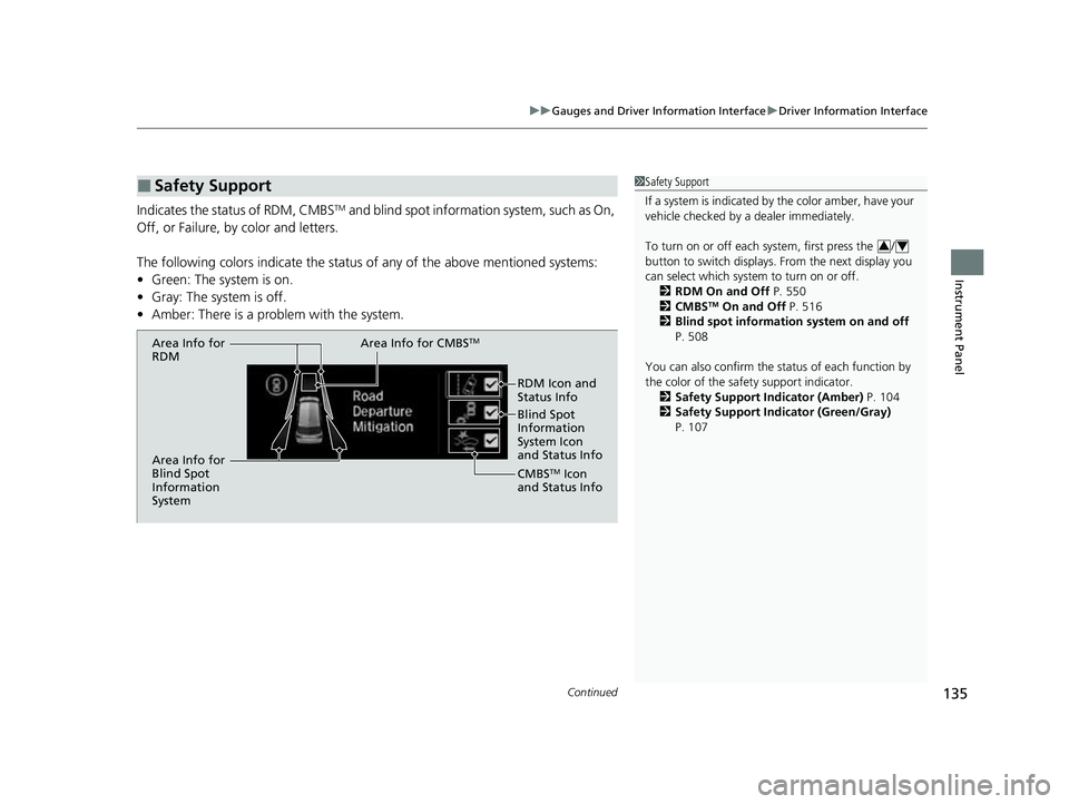 HONDA ODYSSEY 2023  Owners Manual Continued135
uuGauges and Driver Information Interface uDriver Information Interface
Instrument Panel
Indicates the status of RDM, CMBSTM and blind spot information system, such as On, 
Off, or Failur