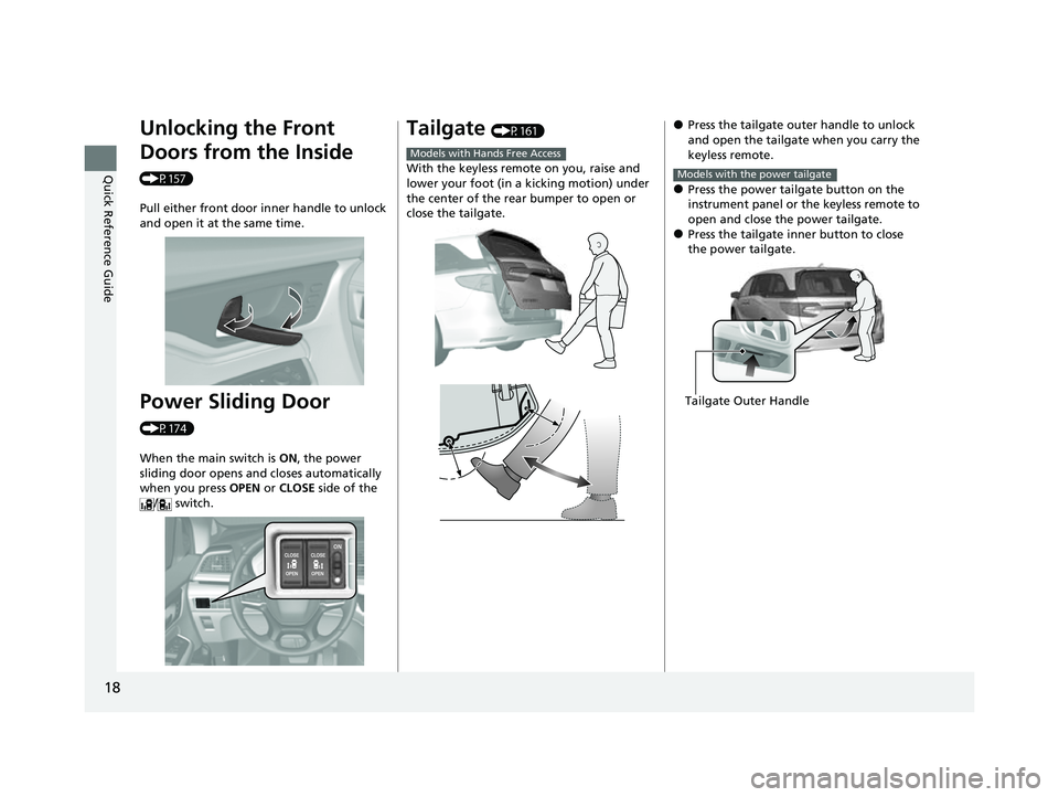 HONDA ODYSSEY 2023 User Guide 18
Quick Reference Guide
Unlocking the Front 
Doors from the Inside 
(P157)Pull either front door inner handle to unlock 
and open it at the same time.
Power Sliding Door 
(P174)
When the main switch 