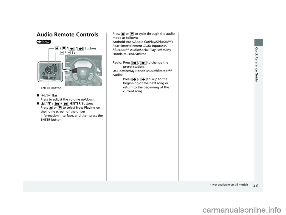 HONDA ODYSSEY 2023 Owners Manual 23
Quick Reference Guide
Audio Remote Controls
(P262)
●(+ / (- Bar
Press to adjust the volume up/down.
● / / / /ENTER Buttons
Press or to select Now Playing on
the home screen of the HONDA ODYSSEY 2023 Owners Manual 23
Quick Reference Guide
Audio Remote Controls
(P262)
●(+ / (- Bar
Press to adjust the volume up/down.
● / / / /ENTER Buttons
Press or to select Now Playing on
the home screen of the