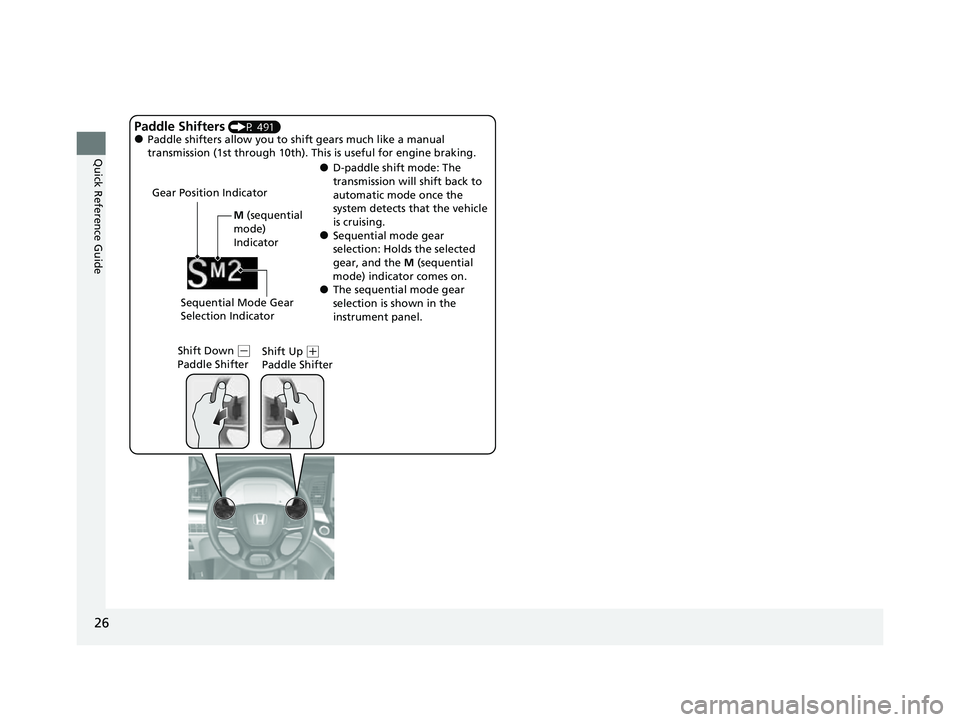 HONDA ODYSSEY 2023  Owners Manual 26
Quick Reference Guide
M (sequential 
mode) 
Indicator
Gear Position Indicator
Shift Down (
- 
Paddle Shifter Shift Up (
+ 
Paddle Shifter
Paddle Shifters (P 491)●Paddle shifters allow you to sh i