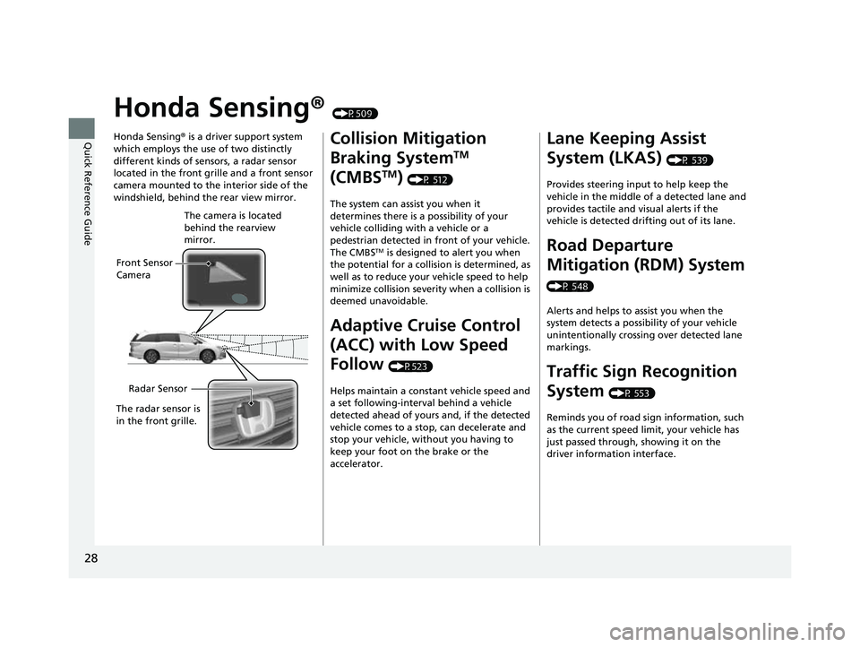HONDA ODYSSEY 2023 Owners Manual 28
Quick Reference Guide
Honda Sensing® (P509)
Honda Sensing ® is a driver support system
which employs the use of two distinctly
different kinds of sensors, a radar sensor
located in the front g HONDA ODYSSEY 2023 Owners Manual 28
Quick Reference Guide
Honda Sensing® (P509)
Honda Sensing ® is a driver support system
which employs the use of two distinctly
different kinds of sensors, a radar sensor
located in the front g