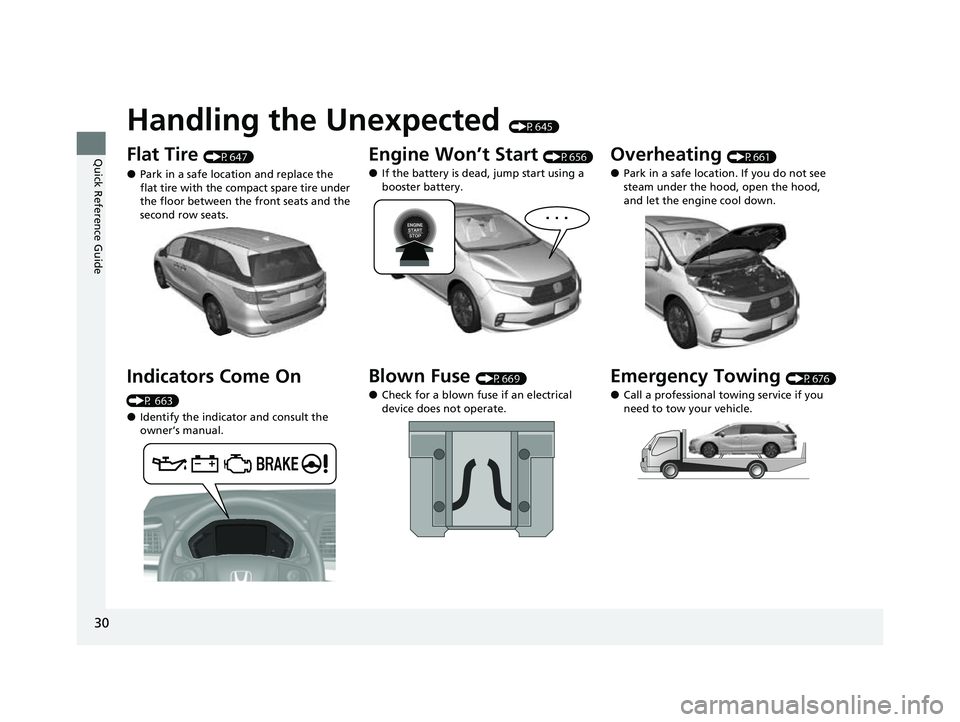 HONDA ODYSSEY 2023  Owners Manual 30
Quick Reference Guide
Handling the Unexpected (P645)
Flat Tire (P647)
●Park in a safe location and replace the 
flat tire with the compact spare tire under 
the floor between the front seats and 