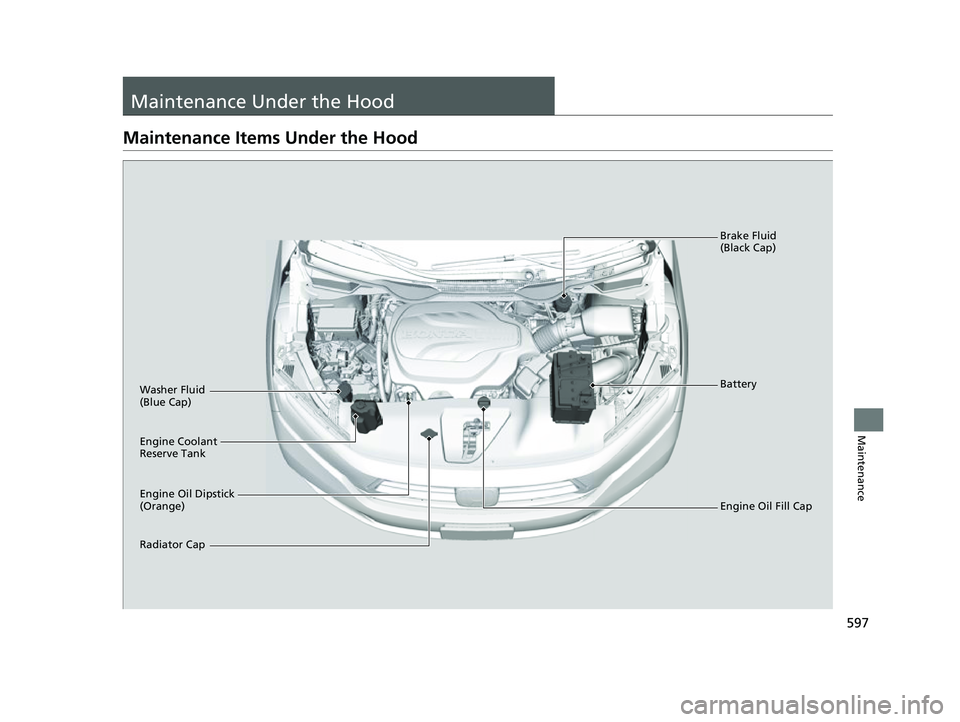 HONDA ODYSSEY 2023  Owners Manual 597
Maintenance
Maintenance Under the Hood
Maintenance Items Under the Hood
Engine Oil Dipstick 
(Orange) Washer Fluid 
(Blue Cap)
Engine Coolant 
Reserve Tank
Radiator CapBrake Fluid 
(Black Cap)
Eng