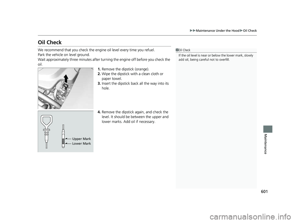 HONDA ODYSSEY 2023  Owners Manual 601
uuMaintenance Under the Hood uOil Check
Maintenance
Oil Check
We recommend that you check the engine  oil level every time you refuel.
Park the vehicle on level ground.
Wait approximately three mi