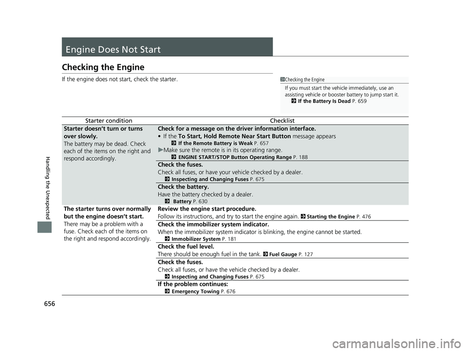 HONDA ODYSSEY 2023 Owners Manual 656
Handling the Unexpected
Engine Does Not Start
Checking the Engine
If the engine does not start, check the starter.
Starter conditionChecklist
Starter doesn’t turn or turns
over slowly.
The batt HONDA ODYSSEY 2023 Owners Manual 656
Handling the Unexpected
Engine Does Not Start
Checking the Engine
If the engine does not start, check the starter.
Starter conditionChecklist
Starter doesn’t turn or turns
over slowly.
The batt