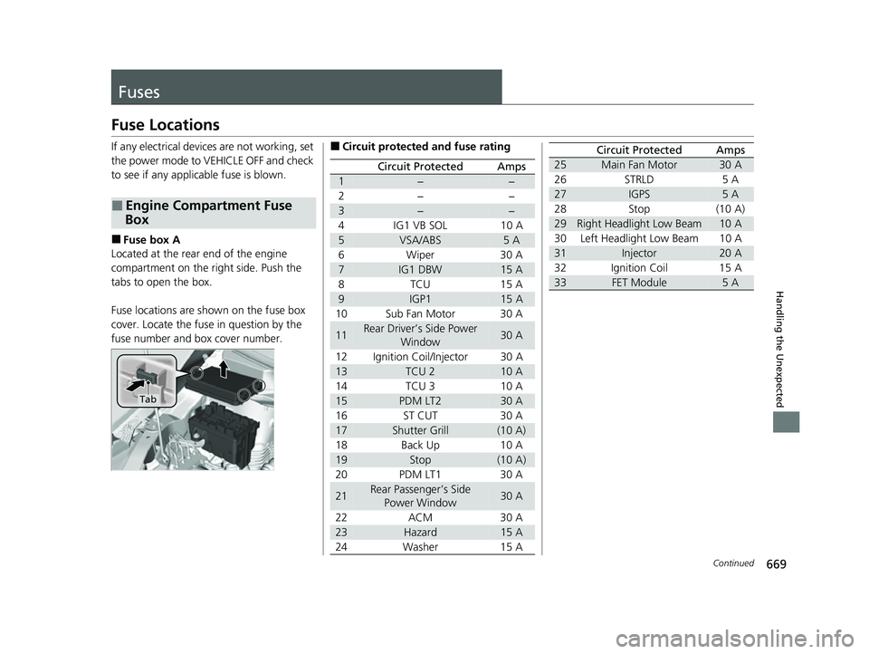 HONDA ODYSSEY 2023  Owners Manual 669Continued
Handling the Unexpected
Fuses
Fuse Locations
If any electrical devices are not working, set 
the power mode to VEHICLE OFF and check 
to see if any applic able fuse is blown.
■Fuse box 