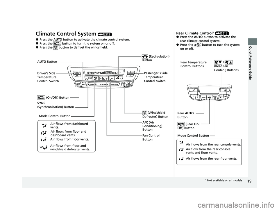 HONDA PASSPORT 2022 Owners Manual 19
Quick Reference Guide
Climate Control System (P213)
●Press the AUTO button to activate th e climate control system.●Press the button to turn the system on or off.●Press the button to de f HONDA PASSPORT 2022 Owners Manual 19
Quick Reference Guide
Climate Control System (P213)
●Press the AUTO button to activate th e climate control system.●Press the button to turn the system on or off.●Press the button to de f