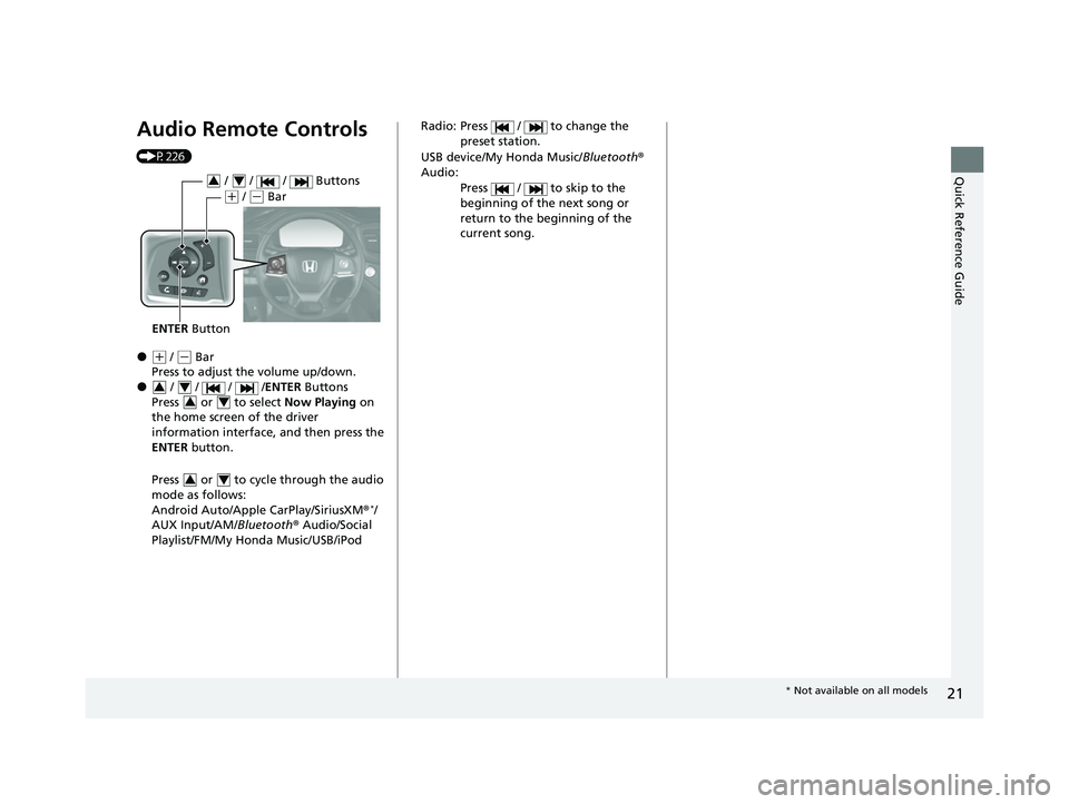 HONDA PASSPORT 2022 Owners Manual 21
Quick Reference Guide
Audio Remote Controls
(P226)
●(+ / (- Bar
Press to adjust the volume up/down.
● / / / /ENTER Buttons
Press or to select Now Playing on
the home screen of the HONDA PASSPORT 2022 Owners Manual 21
Quick Reference Guide
Audio Remote Controls
(P226)
●(+ / (- Bar
Press to adjust the volume up/down.
● / / / /ENTER Buttons
Press or to select Now Playing on
the home screen of the