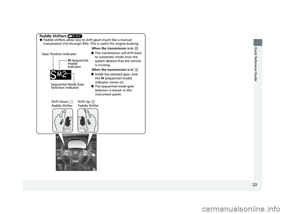 HONDA PASSPORT 2022 Owners Manual 23
Quick Reference Guide
Paddle Shifters (P410)●Paddle shifters allow you to shift gears much like a manual
transmission (1st through 9th). This is useful for engine braking.
●The transmission wi HONDA PASSPORT 2022 Owners Manual 23
Quick Reference Guide
Paddle Shifters (P410)●Paddle shifters allow you to shift gears much like a manual
transmission (1st through 9th). This is useful for engine braking.
●The transmission wi