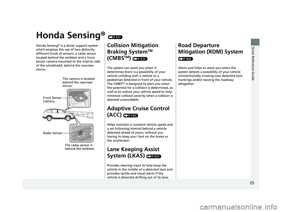 HONDA PASSPORT 2022 Owners Manual 25
Quick Reference Guide
Honda Sensing® (P431)
Honda Sensing ® is a driver support system
which employs the use of two distinctly
different kinds of sensors, a radar sensor
located behind the emb HONDA PASSPORT 2022 Owners Manual 25
Quick Reference Guide
Honda Sensing® (P431)
Honda Sensing ® is a driver support system
which employs the use of two distinctly
different kinds of sensors, a radar sensor
located behind the emb