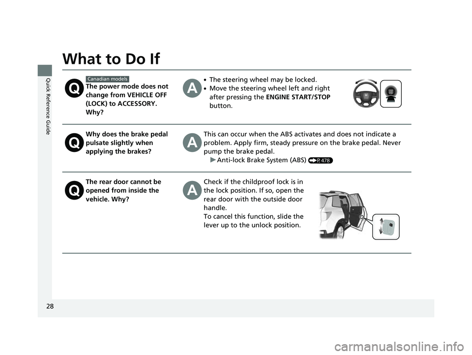 HONDA PASSPORT 2022 Owners Manual 28
Quick Reference Guide
What to Do If
The power mode does not
change from VEHICLE OFF
(LOCK) to ACCESSORY.
Why?
●The steering wheel may be locked.
●Move the steering wheel left and right
afte HONDA PASSPORT 2022 Owners Manual 28
Quick Reference Guide
What to Do If
The power mode does not
change from VEHICLE OFF
(LOCK) to ACCESSORY.
Why?
●The steering wheel may be locked.
●Move the steering wheel left and right
afte
