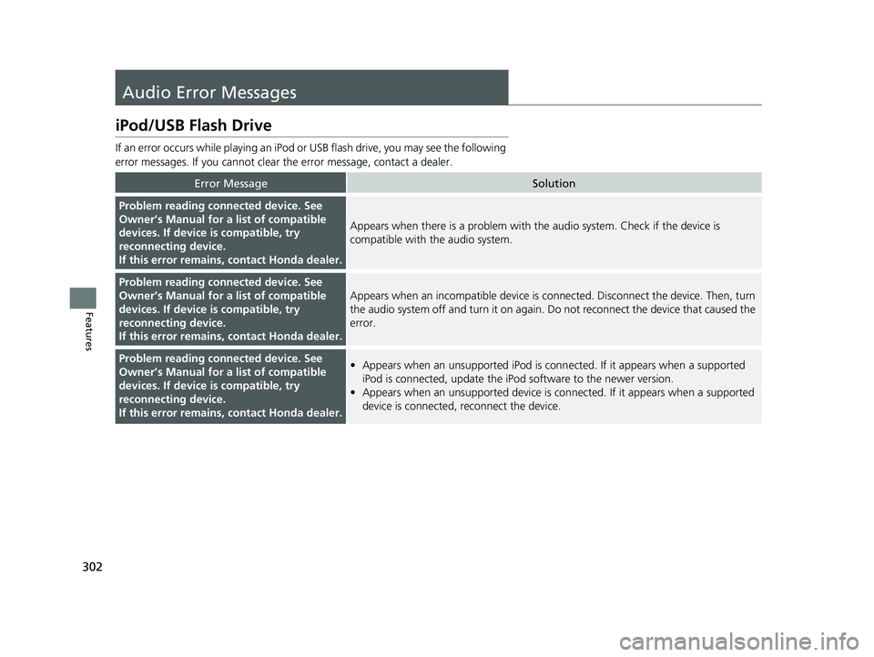 HONDA PASSPORT 2022  Owners Manual 302
Features
Audio Error Messages
iPod/USB Flash Drive
If an error occurs while playing an iPod or USB flash driv e, you may see the following 
error messages. If you cannot clear  the error message, 