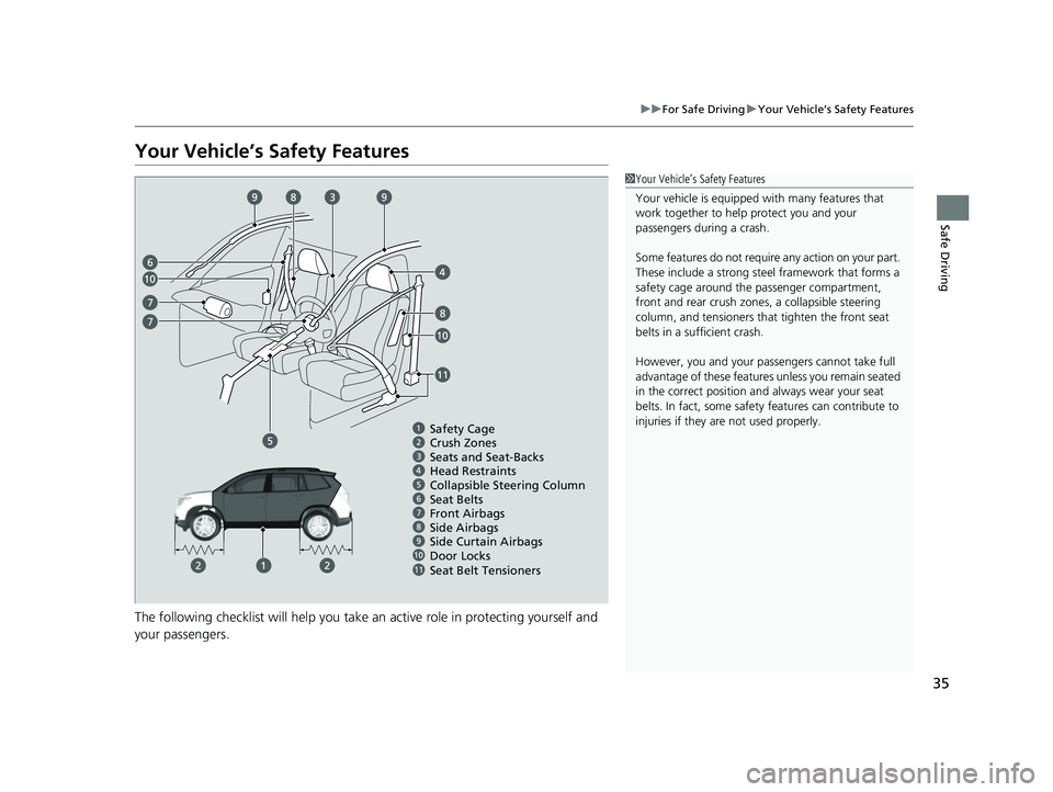 HONDA PASSPORT 2022 Owners Guide 35
uuFor Safe Driving uYour Vehicle’s Safety Features
Safe Driving
Your Vehicle’s Safety Features
The following checklist will help you take an active role in protecting yourself and
your passeng HONDA PASSPORT 2022 Owners Guide 35
uuFor Safe Driving uYour Vehicle’s Safety Features
Safe Driving
Your Vehicle’s Safety Features
The following checklist will help you take an active role in protecting yourself and
your passeng