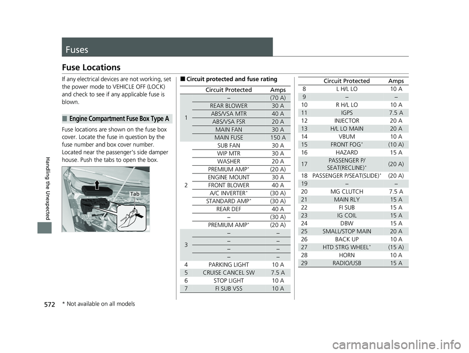 HONDA PASSPORT 2022 Owners Manual 572
Handling the Unexpected
Fuses
Fuse Locations
If any electrical devices are not working, set
the power mode to VEHICLE OFF (LOCK)
and check to see if any applicable fuse is
blown.
Fuse locations HONDA PASSPORT 2022 Owners Manual 572
Handling the Unexpected
Fuses
Fuse Locations
If any electrical devices are not working, set
the power mode to VEHICLE OFF (LOCK)
and check to see if any applicable fuse is
blown.
Fuse locations
