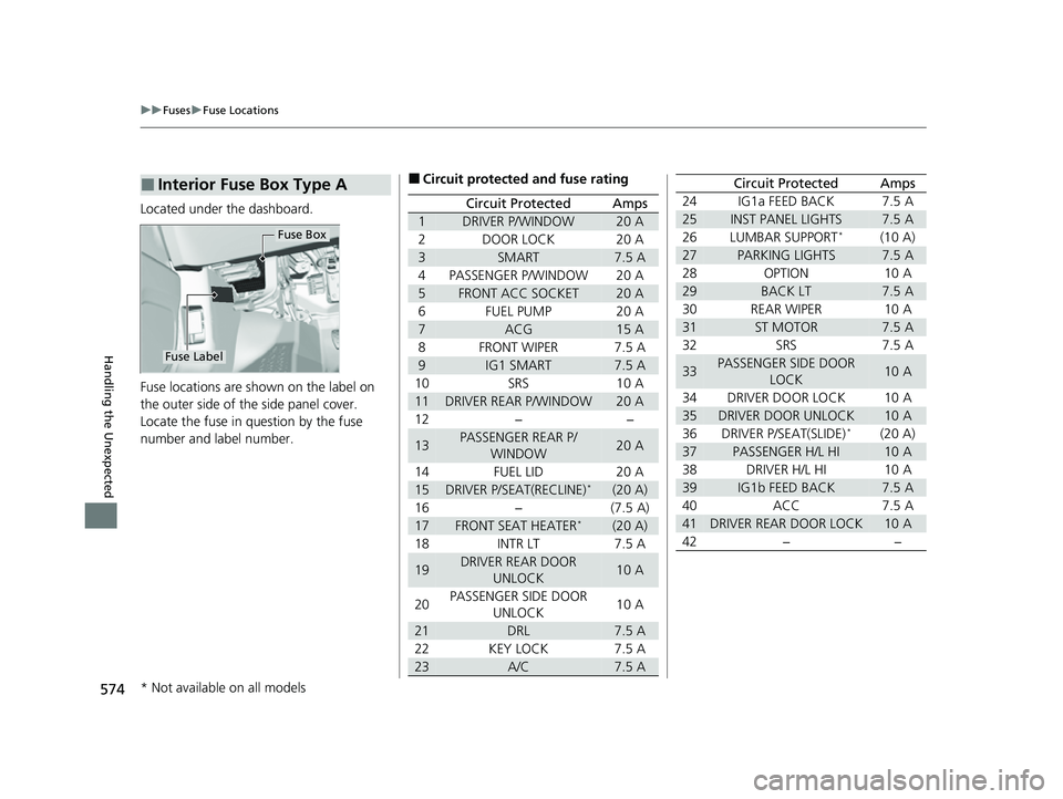 HONDA PASSPORT 2022 Owners Manual 574
uuFuses uFuse Locations
Handling the Unexpected
Located under the dashboard.
Fuse locations are shown on the label on
the outer side of the side panel cover.
Locate the fuse in question by the fu HONDA PASSPORT 2022 Owners Manual 574
uuFuses uFuse Locations
Handling the Unexpected
Located under the dashboard.
Fuse locations are shown on the label on
the outer side of the side panel cover.
Locate the fuse in question by the fu