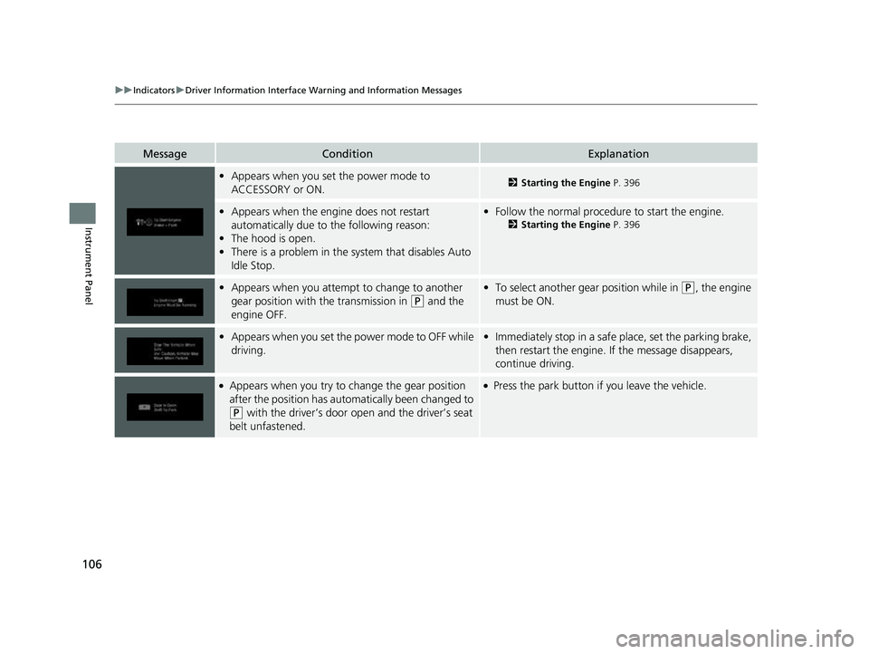HONDA PASSPORT 2023  Owners Manual 106
uuIndicators uDriver Information Interface Wa rning and Information Messages
Instrument Panel
MessageConditionExplanation
•Appears when you set the power mode to 
ACCESSORY or ON.2 Starting the 