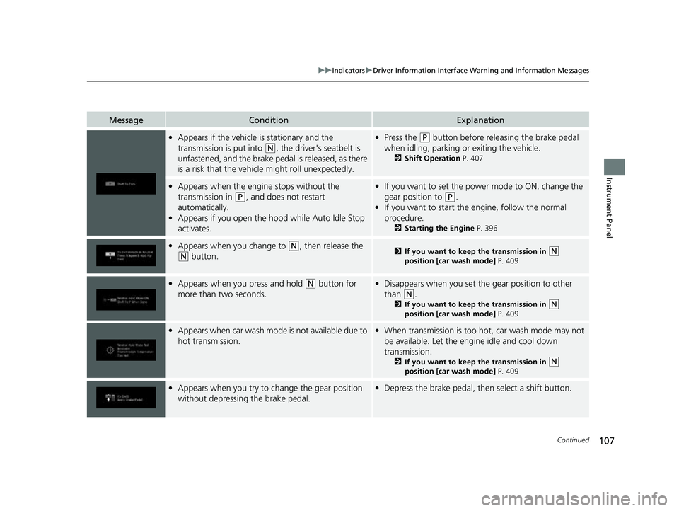 HONDA PASSPORT 2023  Owners Manual 107
uuIndicators uDriver Information Interface Wa rning and Information Messages
Continued
Instrument Panel
MessageConditionExplanation
•Appears if the vehicle is stationary and the 
transmission is