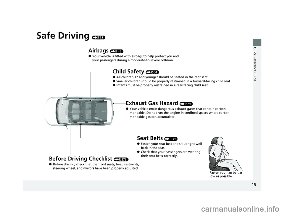 HONDA PASSPORT 2023 User Guide 15
Quick Reference Guide
Safe Driving (P33)
Airbags (P49)
●Your vehicle is fitted with airbags to help protect you and
your passengers during a moderate-to-severe collision.
Child Safety (P64)
●A HONDA PASSPORT 2023 User Guide 15
Quick Reference Guide
Safe Driving (P33)
Airbags (P49)
●Your vehicle is fitted with airbags to help protect you and
your passengers during a moderate-to-severe collision.
Child Safety (P64)
●A