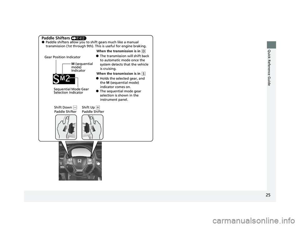 HONDA PASSPORT 2023  Owners Manual 25
Quick Reference Guide
Paddle Shifters (P412)●Paddle shifters allow you to shift gears much like a manual 
transmission (1st through 9th). This is useful for engine braking.
●The transmission wi