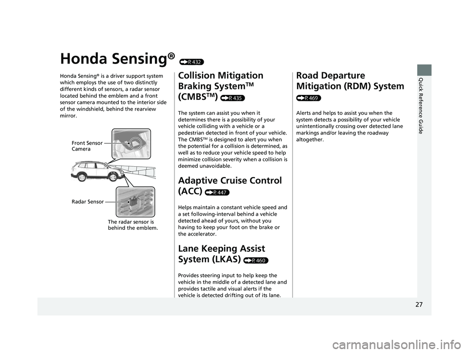 HONDA PASSPORT 2023 Owners Manual 27
Quick Reference Guide
Honda Sensing® (P432)
Honda Sensing ® is a driver support system
which employs the use of two distinctly
different kinds of sensors, a radar sensor
located behind the emb HONDA PASSPORT 2023 Owners Manual 27
Quick Reference Guide
Honda Sensing® (P432)
Honda Sensing ® is a driver support system
which employs the use of two distinctly
different kinds of sensors, a radar sensor
located behind the emb