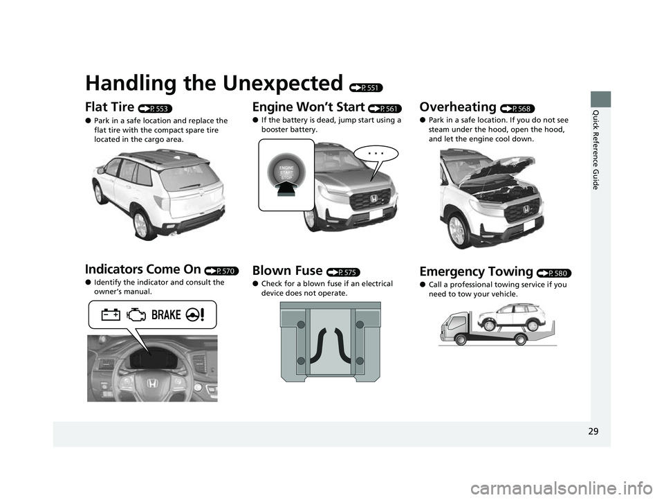 HONDA PASSPORT 2023  Owners Manual Quick Reference Guide
29
Handling the Unexpected (P551)
Flat Tire (P553)
●Park in a safe location and replace the 
flat tire with the compact spare tire 
located in the cargo area.
Indicators Come O