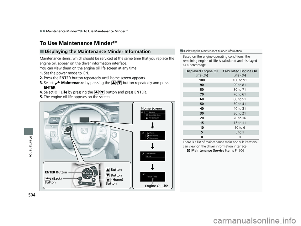 HONDA PASSPORT 2023 Owners Manual 504
uuMaintenance MinderTMuTo Use Maintenance MinderTM
Maintenance
To Use Maintenance MinderTM
Maintenance items, which should be serviced at the same time that you replace the
engine oil, appear on HONDA PASSPORT 2023 Owners Manual 504
uuMaintenance MinderTMuTo Use Maintenance MinderTM
Maintenance
To Use Maintenance MinderTM
Maintenance items, which should be serviced at the same time that you replace the
engine oil, appear on