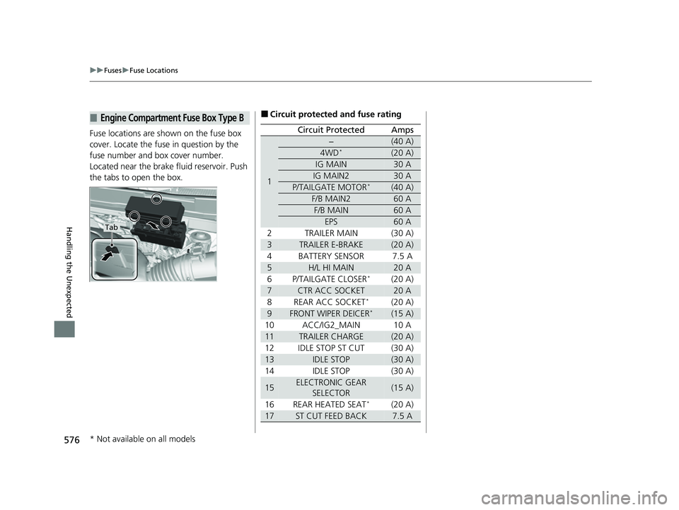 HONDA PASSPORT 2023 Repair Manual 576
uuFuses uFuse Locations
Handling the Unexpected
Fuse locations are shown on the fuse box
cover. Locate the fuse in question by the
fuse number and box cover number.
Located near the brake fluid HONDA PASSPORT 2023 Repair Manual 576
uuFuses uFuse Locations
Handling the Unexpected
Fuse locations are shown on the fuse box
cover. Locate the fuse in question by the
fuse number and box cover number.
Located near the brake fluid