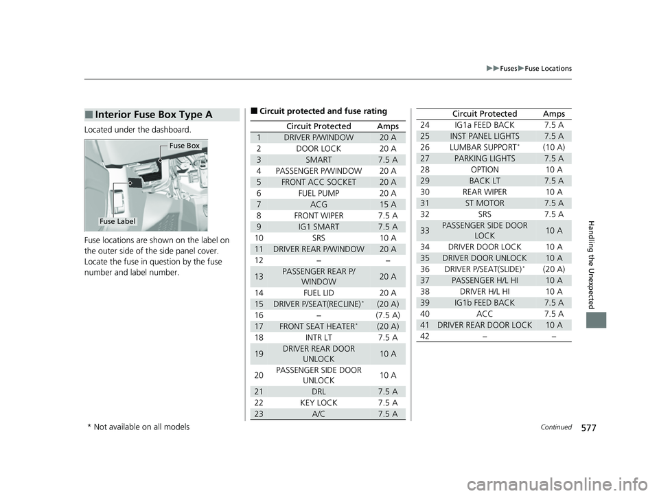 HONDA PASSPORT 2023 Owners Manual 577
uuFuses uFuse Locations
Continued
Handling the Unexpected
Located under the dashboard.
Fuse locations are shown on the label on
the outer side of the side panel cover.
Locate the fuse in question HONDA PASSPORT 2023 Owners Manual 577
uuFuses uFuse Locations
Continued
Handling the Unexpected
Located under the dashboard.
Fuse locations are shown on the label on
the outer side of the side panel cover.
Locate the fuse in question