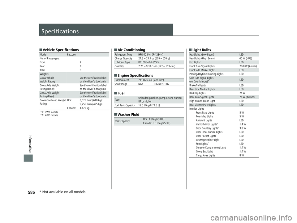 HONDA PASSPORT 2023  Owners Manual 586
Information
Specifications
■Vehicle Specifications
*1: 2WD models
*2: AWD models
ModelPassport
No. of Passengers:
Front 2
Rear 3
Total
5Weights:Gross Vehicle 
Weight RatingSee the certification 