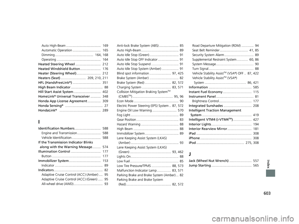 HONDA PASSPORT 2023  Owners Manual 603
Index
Auto High-Beam .....................................  169
Automatic Operation ..............................  165
Dimming.........................................  164, 168
Operating .......