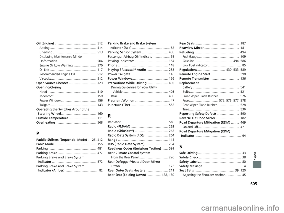 HONDA PASSPORT 2023  Owners Manual 605
Index
Oil (Engine)..............................................  512
Adding ...................................................  514
Checking ................................................  513