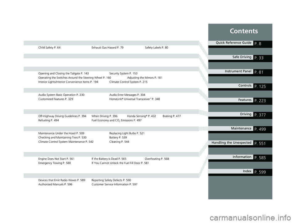 HONDA PASSPORT 2023  Owners Manual Contents
Child Safety P. 64Exhaust Gas Hazard P. 79Safety Labels P. 80
Opening and Closing the Tailgate P. 143 Security System P. 153
Operating the Switches Around the Steering Wheel P. 160 Adjusting 