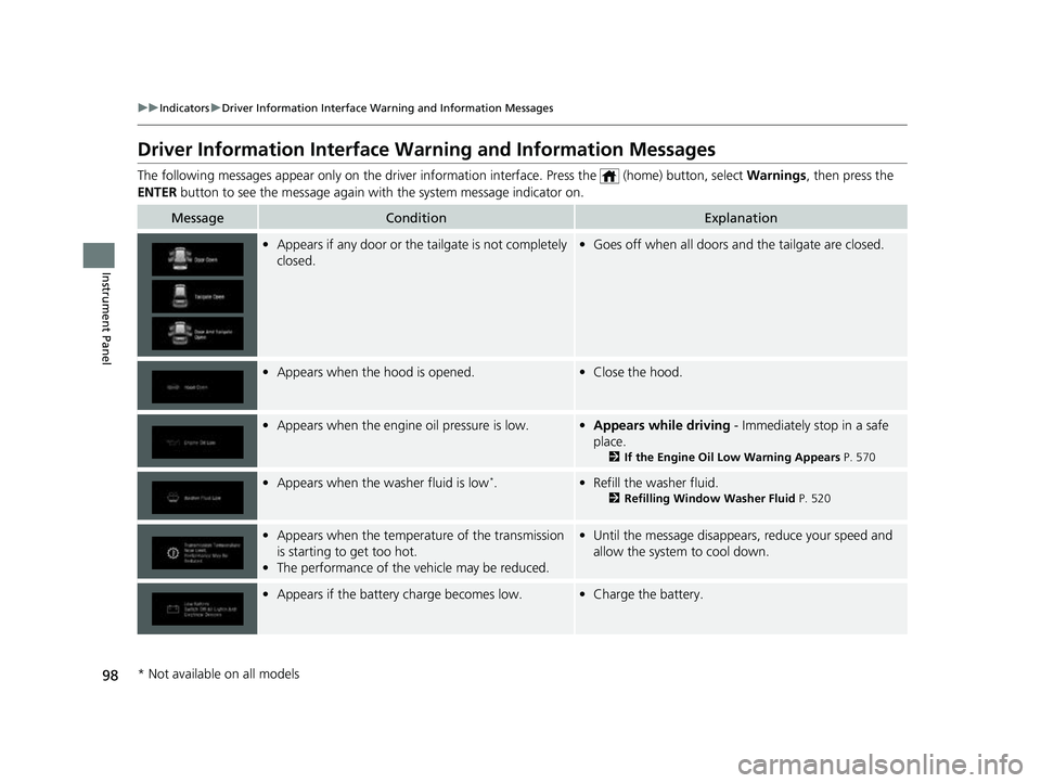 HONDA PASSPORT 2023 Owners Manual 98
uuIndicators uDriver Information Interface Wa rning and Information Messages
Instrument Panel
Driver Information Interface Warning and Information Messages
The following messages appear only on the HONDA PASSPORT 2023 Owners Manual 98
uuIndicators uDriver Information Interface Wa rning and Information Messages
Instrument Panel
Driver Information Interface Warning and Information Messages
The following messages appear only on the
