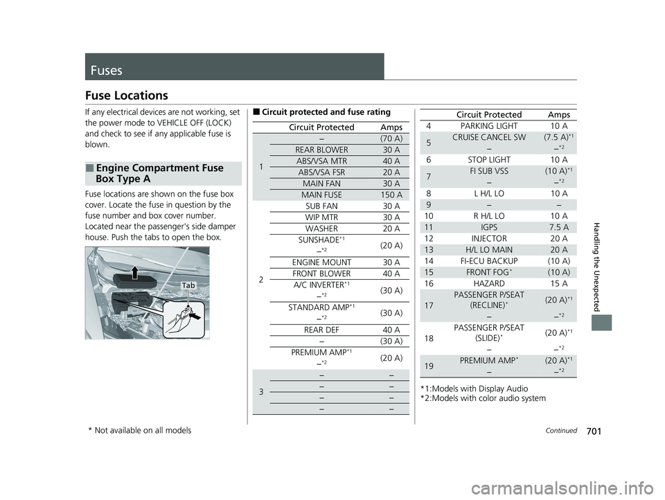 HONDA PILOT 2022 Owners Manual 701Continued
Handling the Unexpected
Fuses
Fuse Locations
If any electrical devices are not working, set
the power mode to VEHICLE OFF (LOCK)
and check to see if any applicable fuse is
blown.
Fuse HONDA PILOT 2022 Owners Manual 701Continued
Handling the Unexpected
Fuses
Fuse Locations
If any electrical devices are not working, set
the power mode to VEHICLE OFF (LOCK)
and check to see if any applicable fuse is
blown.
Fuse