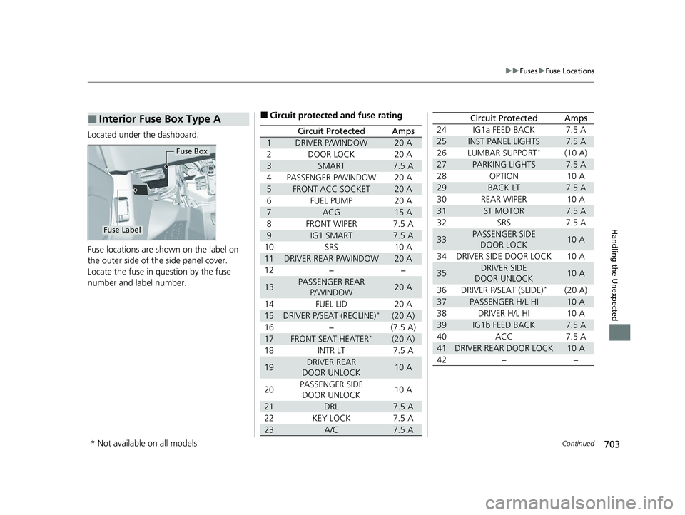 HONDA PILOT 2022 Owners Manual 703
uuFuses uFuse Locations
Continued
Handling the Unexpected
Located under the dashboard.
Fuse locations are shown on the label on
the outer side of the side panel cover.
Locate the fuse in question HONDA PILOT 2022 Owners Manual 703
uuFuses uFuse Locations
Continued
Handling the Unexpected
Located under the dashboard.
Fuse locations are shown on the label on
the outer side of the side panel cover.
Locate the fuse in question