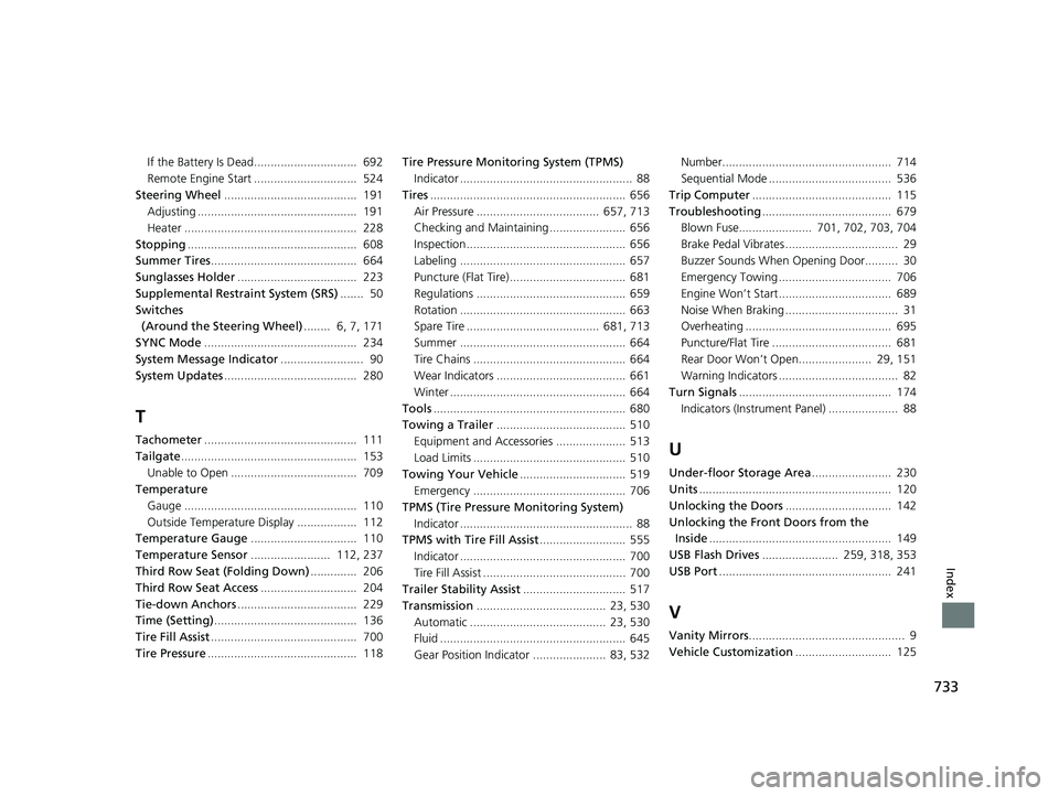 HONDA PILOT 2022  Owners Manual 733
Index
If the Battery Is Dead...............................  692
Remote Engine Start ...............................  524
Steering Wheel ........................................  191
Adjusting ...