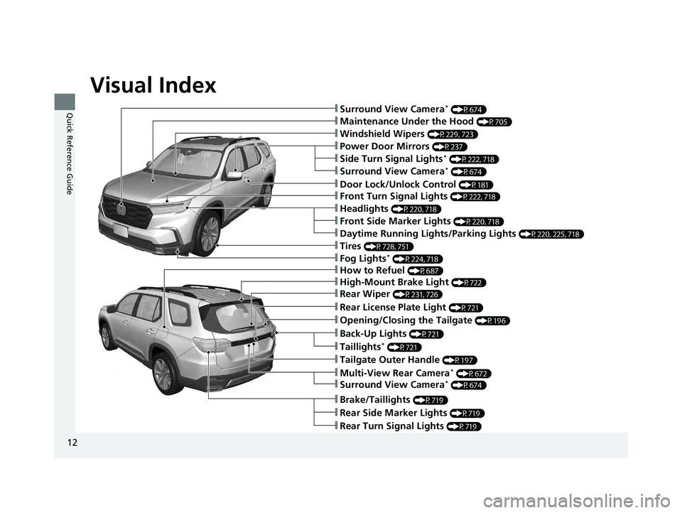 HONDA PILOT 2023 User Guide Visual Index
12
Quick Reference Guide
❚Maintenance Under the Hood (P705)
❚Windshield Wipers (P229, 723)
❚Tires (P728, 751)
❚Power Door Mirrors (P237)
❚How to Refuel (P687)
❚High-Mount Brak HONDA PILOT 2023 User Guide Visual Index
12
Quick Reference Guide
❚Maintenance Under the Hood (P705)
❚Windshield Wipers (P229, 723)
❚Tires (P728, 751)
❚Power Door Mirrors (P237)
❚How to Refuel (P687)
❚High-Mount Brak