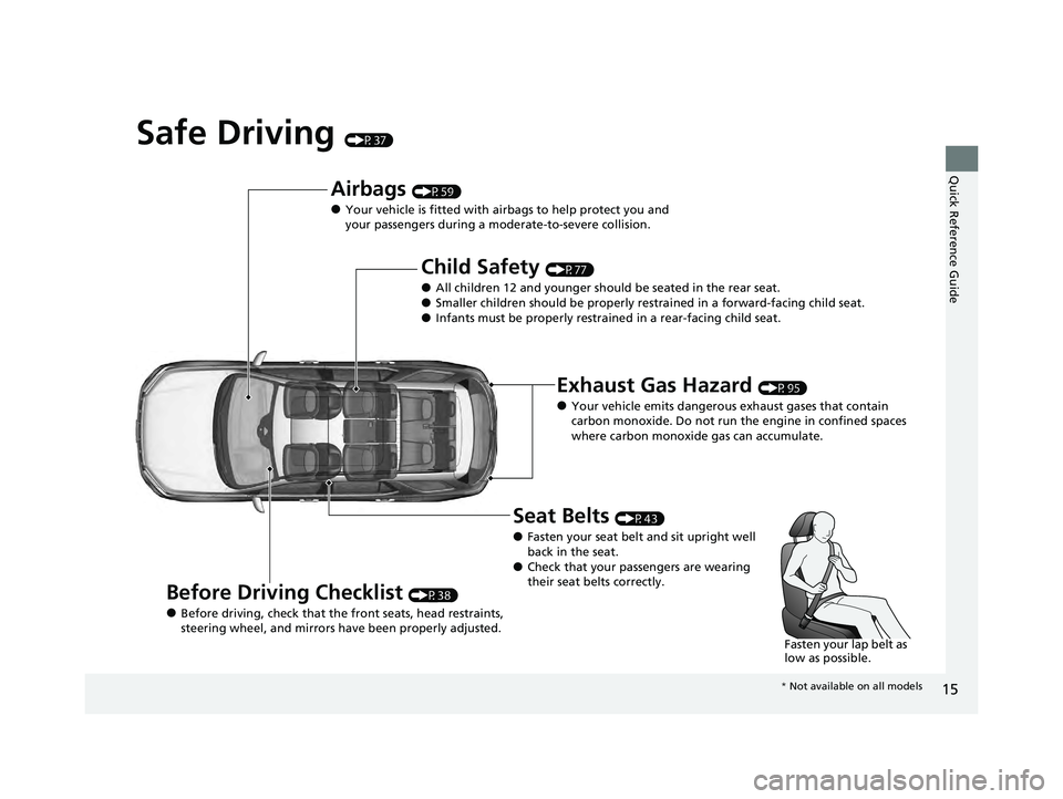 HONDA PILOT 2023 User Guide 15
Quick Reference Guide
Safe Driving (P37)
Airbags (P59)
●Your vehicle is fitted with airbags to help protect you and
your passengers during a moderate-to-severe collision.
Child Safety (P77)
●A HONDA PILOT 2023 User Guide 15
Quick Reference Guide
Safe Driving (P37)
Airbags (P59)
●Your vehicle is fitted with airbags to help protect you and
your passengers during a moderate-to-severe collision.
Child Safety (P77)
●A