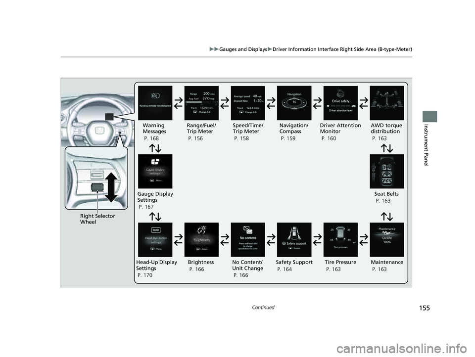 HONDA PILOT 2023  Owners Manual 155
uuGauges and Displays uDriver Information Interface Right Side Area (B-type-Meter)
Continued
Instrument Panel
Right Selector 
Wheel Warning 
Messages
 P. 168
Range/Fuel/
Trip Meter
 P. 156
No Cont