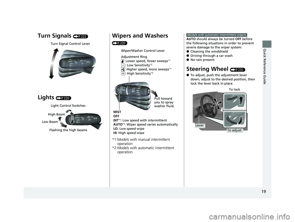 HONDA PILOT 2023 User Guide 19
Quick Reference Guide
Turn Signals (P222)
Lights (P220)
Turn Signal Control Lever
Light Control Switches
Low Beam High Beam
Flashing the high beams
Wipers and Washers
(P229)
*1:Models with manual HONDA PILOT 2023 User Guide 19
Quick Reference Guide
Turn Signals (P222)
Lights (P220)
Turn Signal Control Lever
Light Control Switches
Low Beam High Beam
Flashing the high beams
Wipers and Washers
(P229)
*1:Models with manual