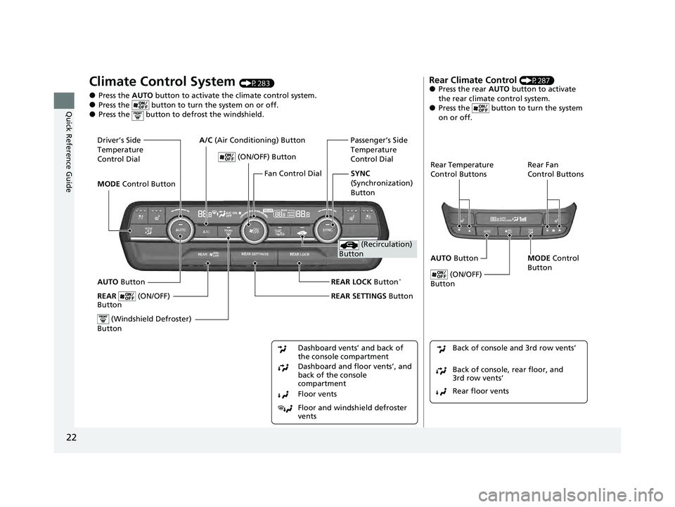 HONDA PILOT 2023 Owners Manual 22
Quick Reference Guide
Climate Control System (P283)
●Press the AUTO button to activate the climate control system.●Press the button to turn the system on or off.●Press the button to defro HONDA PILOT 2023 Owners Manual 22
Quick Reference Guide
Climate Control System (P283)
●Press the AUTO button to activate the climate control system.●Press the button to turn the system on or off.●Press the button to defro